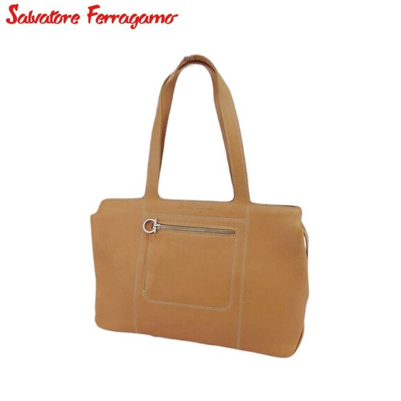 Salvatore Ferragamo Tote Bag Beige Leather Authentic Used